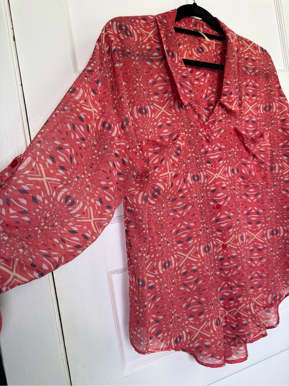 Free People Easy Rider Sheer Chiffon Coral Geometric Print Button-Down Shirt M - Picture 5 of 13